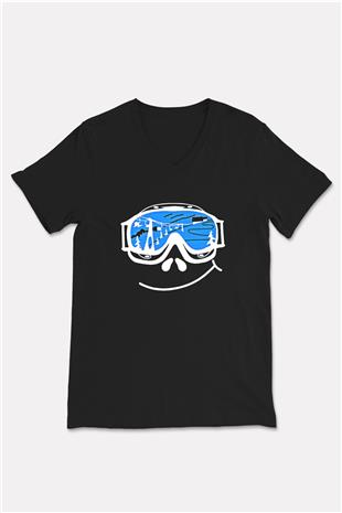 Kayak - Ski Baskılı Unisex Siyah V Yaka Tişört