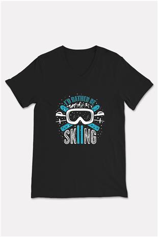 Kayak - Ski Baskılı Unisex Siyah V Yaka Tişört