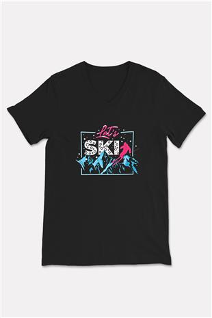 Kayak - Ski Baskılı Unisex Siyah V Yaka Tişört