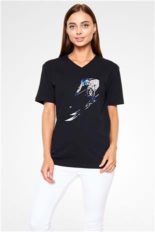 Kayak - Ski Baskılı Unisex Siyah V Yaka Tişört