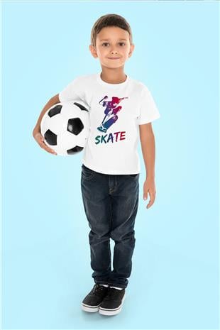 Kaykay Baskılı Unisex Beyaz Çocuk Tişört - Tshirt
