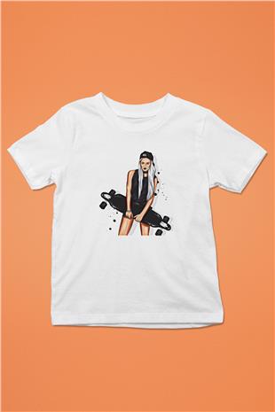 Kaykay Baskılı Unisex Beyaz Çocuk Tişört - Tshirt