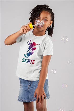 Kaykay Baskılı Unisex Beyaz Çocuk Tişört - Tshirt