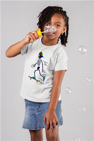 Kaykay Baskılı Unisex Beyaz Çocuk Tişört - Tshirt
