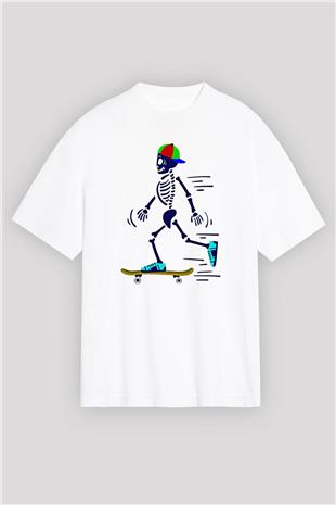 Kaykay Baskılı Unisex Beyaz Oversize Tişört - Tshirt