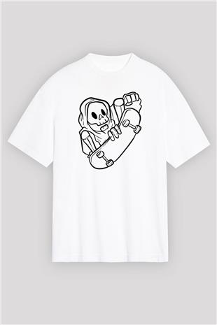 Kaykay Baskılı Unisex Beyaz Oversize Tişört - Tshirt