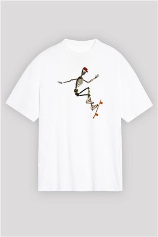 Kaykay Baskılı Unisex Beyaz Oversize Tişört - Tshirt