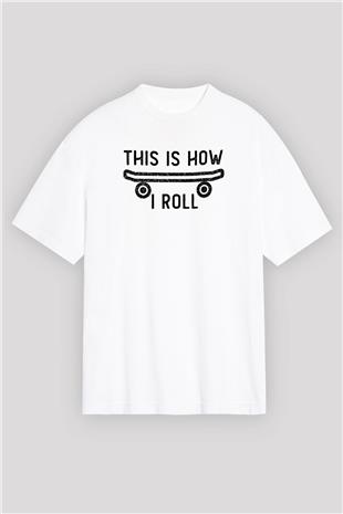 Kaykay Baskılı Unisex Beyaz Oversize Tişört - Tshirt