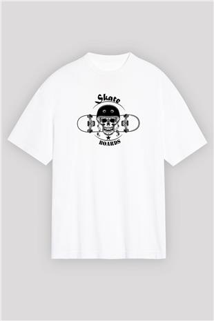 Kaykay Baskılı Unisex Beyaz Oversize Tişört - Tshirt