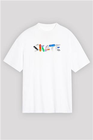 Kaykay Baskılı Unisex Beyaz Oversize Tişört - Tshirt