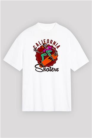 Kaykay Baskılı Unisex Beyaz Oversize Tişört - Tshirt