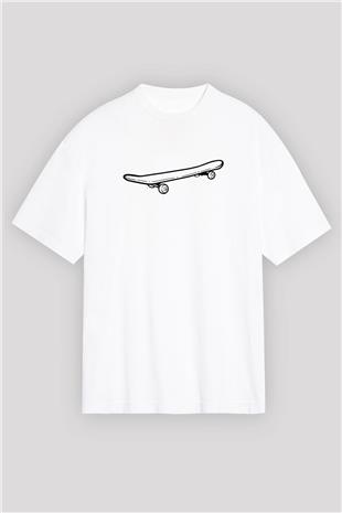 Kaykay Baskılı Unisex Beyaz Oversize Tişört - Tshirt