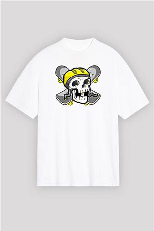 Kaykay Baskılı Unisex Beyaz Oversize Tişört - Tshirt