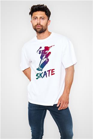 Kaykay Baskılı Unisex Beyaz Oversize Tişört - Tshirt