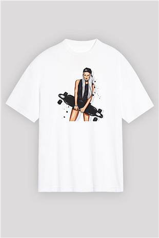 Kaykay Baskılı Unisex Beyaz Oversize Tişört - Tshirt
