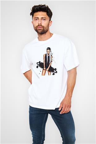 Kaykay Baskılı Unisex Beyaz Oversize Tişört - Tshirt