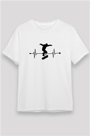 Kaykay Baskılı Unisex Beyaz Tişört - Tshirt