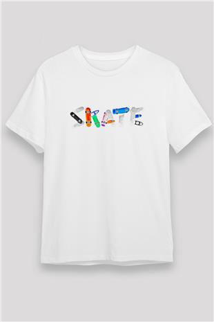 Kaykay Baskılı Unisex Beyaz Tişört - Tshirt