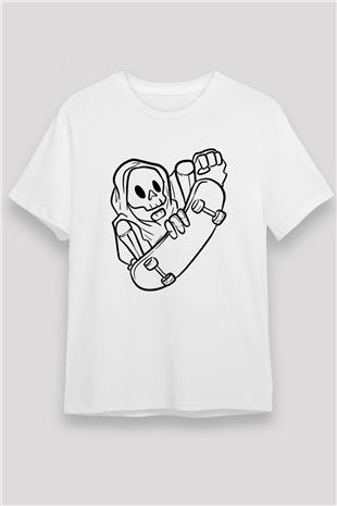 Kaykay Baskılı Unisex Beyaz Tişört - Tshirt