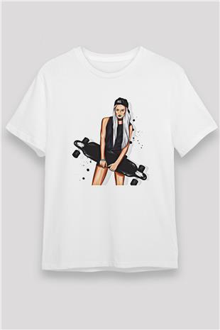 Kaykay Baskılı Unisex Beyaz Tişört - Tshirt