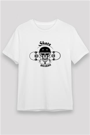 Kaykay Baskılı Unisex Beyaz Tişört - Tshirt