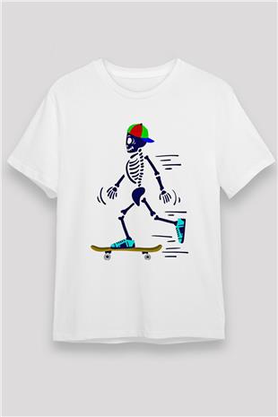 Kaykay Baskılı Unisex Beyaz Tişört - Tshirt