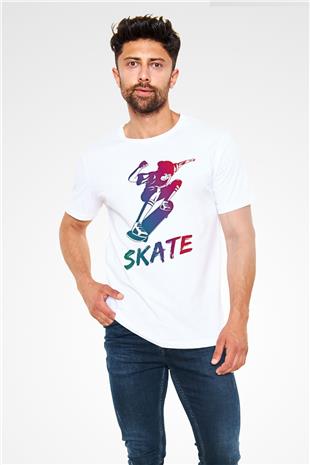 Kaykay Baskılı Unisex Beyaz Tişört - Tshirt