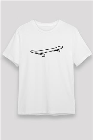 Kaykay Baskılı Unisex Beyaz Tişört - Tshirt