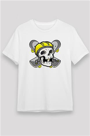 Kaykay Baskılı Unisex Beyaz Tişört - Tshirt