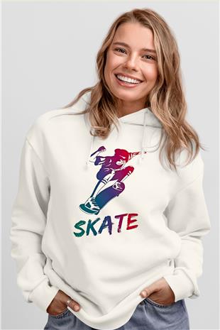 Kaykay Baskılı Unisex Ekru Hoodie