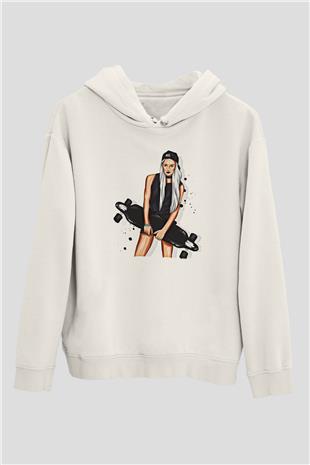 Kaykay Baskılı Unisex Ekru Hoodie