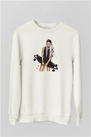 Kaykay Baskılı Unisex Ekru Sweatshirt