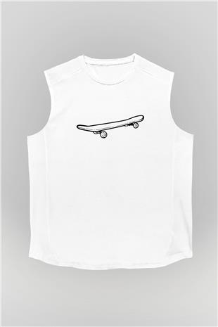 Kaykay Baskılı Unisex Kolsuz Beyaz Tişört