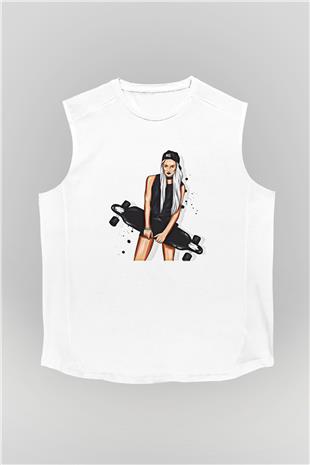 Kaykay Baskılı Unisex Kolsuz Beyaz Tişört