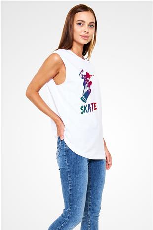 Kaykay Baskılı Unisex Kolsuz Beyaz Tişört