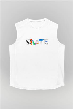 Kaykay Baskılı Unisex Kolsuz Beyaz Tişört
