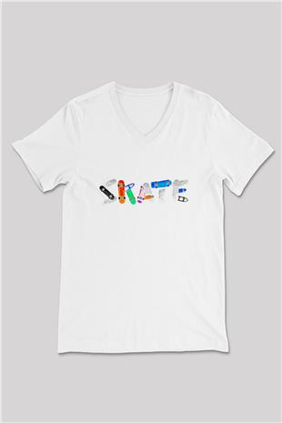 Kaykay Baskılı Unisex V Yaka Tişört - Tshirt