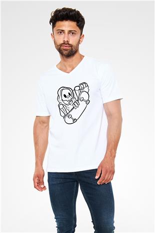 Kaykay Baskılı Unisex V Yaka Tişört - Tshirt