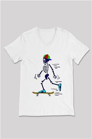 Kaykay Baskılı Unisex V Yaka Tişört - Tshirt