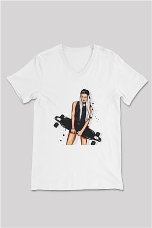 Kaykay Baskılı Unisex V Yaka Tişört - Tshirt