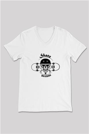 Kaykay Baskılı Unisex V Yaka Tişört - Tshirt