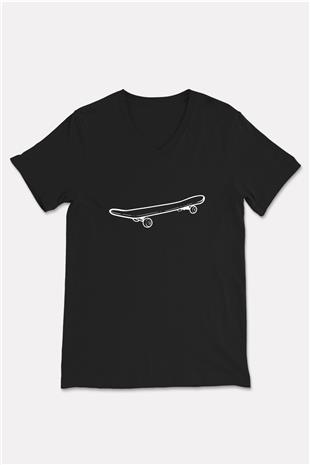 Kaykay - Skateboard Baskılı Unisex Siyah V Yaka Tişört