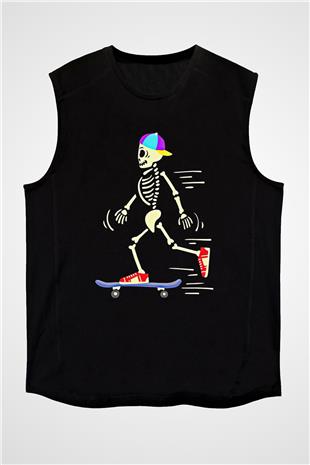 Kaykay - Skateboard Baskılı Unisex Siyah Kolsuz Tişört