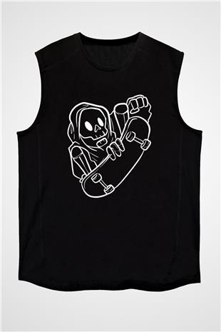 Kaykay - Skateboard Baskılı Unisex Siyah Kolsuz Tişört