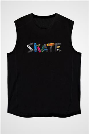 Kaykay - Skateboard Baskılı Unisex Siyah Kolsuz Tişört