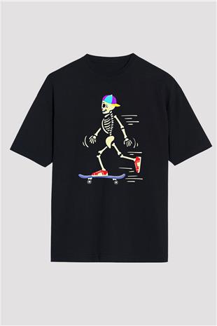 Kaykay - Skateboard Baskılı Unisex Siyah Oversize Tişört