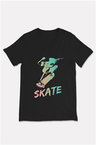 Kaykay - Skateboard Baskılı Unisex Siyah V Yaka Tişört