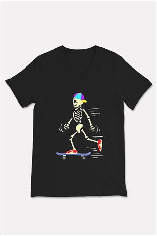 Kaykay - Skateboard Baskılı Unisex Siyah V Yaka Tişört