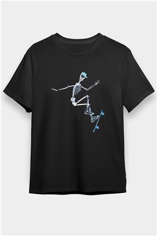 Kaykay - Skateboard Baskılı Unisex Siyah Tişört - Tshirt