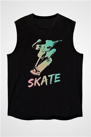 Kaykay - Skateboard Baskılı Unisex Siyah Kolsuz Tişört